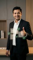 Confident South Asian businessman in suit showing thumbs up with digital tax and financial icons overlay in modern office for accounting services.