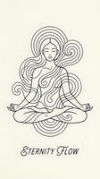 Minimalist line art of serene woman in lotus meditation pose with flowing hair swirls on cream background for wellness and spiritual design projects.