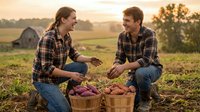 Young Caucasian man and woman farmers harvesting sweet potatoes in baskets at sunset, smiling together in a rural field with a barn.