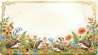 Watercolor hedgehogs in wildflower meadow with decorative border frame on cream background for greeting cards and nursery decor.