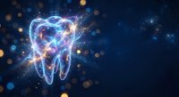 Glowing tooth with energy waves and light effects on dark blue background for dental care and oral health concepts.