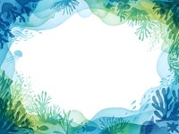 Tropical underwater coral reef frame with marine plants and seaweed border in blue and green watercolor style for summer ocean themed designs.