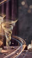 Golden particle tornado swirling with light trails and geometric shapes on dark background for creative design projects.