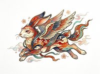 Winged rabbit in vibrant Asian folk art style, isolated on transparent background. Great for t-shirt design, stickers, print on demand, sublimation, and clipart.