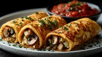 Savory mushroom and herb crepes served on gray plate with marinara sauce, garnished with fresh parsley. Close up view of French cuisine with rustic appeal.