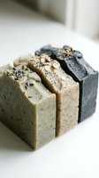 Handmade natural soap bars with herbs and seeds arranged on white surface for organic skincare and wellness products.