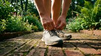 Male runner tying shoelaces on brick path surrounded by lush garden vegetation before outdoor workout or jogging session.