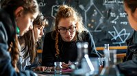Young female student in glasses focused on scientific experiment while working with classmates in chemistry laboratory against chalkboard with formulas.