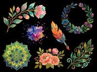 Watercolor floral clipart set with mandala, feather, wreath, roses, and paint splash, isolated on transparent background, ready for stickers, sublimation, and t-shirt design.