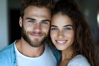 Close up portrait of young Caucasian couple with bright smiles, blue eyes, and natural lighting. Man has beard, woman has long dark wavy hair. Genuine happiness and romance.