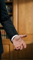 Businessman in dark suit extending open hand gesture in office library setting, symbolizing offer, partnership, or welcome.