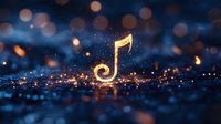 Glowing golden musical note floating on dark blue background with magical bokeh lights and sparkles, creating dreamy atmospheric composition for music themes.