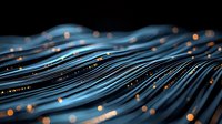 Glowing blue fiber optic cables with orange light dots create dynamic waves against dark background, illustrating modern data transmission and connectivity concept.