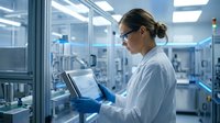 Female scientist in white lab coat using tablet computer in modern pharmaceutical laboratory with sterile equipment and blue lighting for research work.