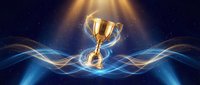 Golden trophy cup floating on glowing blue energy waves against starry night sky background for achievement and success concepts.