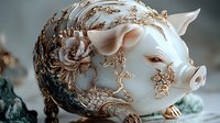 Ornate porcelain piggy bank with delicate gold filigree patterns and floral designs, featuring intricate baroque-style decorations against white ceramic surface. Luxury home decor piece.