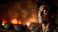 Middle-aged Caucasian man with closed eyes in peaceful meditation pose against warm fireplace background creating cozy relaxation atmosphere for wellness content.