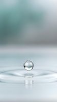 Single water droplet suspended above calm surface with soft teal and gray bokeh background creating serene minimalist composition for wellness and purity concepts.