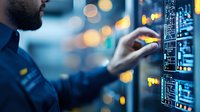 Male IT specialist working with server equipment in modern data center, touching digital display panel with glowing circuit diagrams against bokeh lights background.