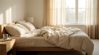 Unmade bed with beige linen bedding and pillows in bright, minimalist bedroom with large windows and sheer curtains, suitable for home decor and lifestyle content.