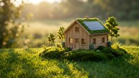 Miniature wooden house model with solar panels on green grass hill at golden sunset, eco-friendly sustainable energy concept for environmental projects.