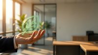 Businessman hand holding glowing green leaf hologram in modern office representing sustainability, eco-friendly business practices and environmental responsibility.