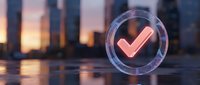 Glowing check mark symbol floating over modern city skyline at sunset, representing success, approval, and achievement in urban business environment.