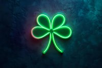 Glowing green neon shamrock sign against dark textured wall. Bright clover-shaped light creates atmospheric St Patrick's Day mood with modern urban aesthetic.
