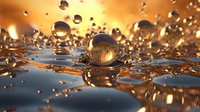 Mesmerizing water drops floating above reflective surface with golden sunset light creating magical atmosphere, macro photography showing surface tension and light refraction.