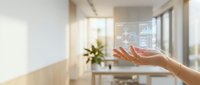 Modern office worker hand displaying holographic business analytics dashboard with charts and graphs in bright contemporary workspace interior.