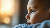 Young boy with bright blue eyes gazes thoughtfully through window at sunset, wrapped in soft blue blanket, creating peaceful atmosphere of childhood wonder and dreams.