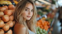 Young Caucasian woman with blonde wavy hair at produce market near fresh oranges and vegetables. Natural lighting creates warm atmosphere for lifestyle and healthy food concept.