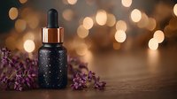 Dark glass dropper bottle with starry pattern and purple flowers on wooden surface against warm bokeh background. Luxury aromatherapy and skincare concept.