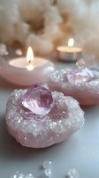 Pink rose quartz crystals and amethyst stones with glowing candles creating spiritual meditation atmosphere on white surface with soft bokeh background.
