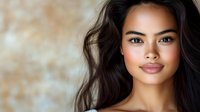 Young mixed-race woman with long wavy dark hair and natural makeup looking at camera with soft expression against blurred neutral background for beauty concepts.