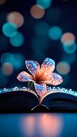 Magical glowing flower emerges from open book pages against dark background with turquoise bokeh lights, creating dreamy atmosphere for fantasy designs.