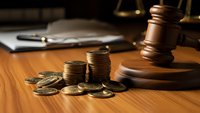 Wooden gavel with scattered coins on desk representing legal fees, financial litigation, bankruptcy proceedings, or monetary justice concepts.