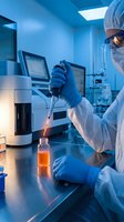 Laboratory scientist in protective gear conducting research with pipette and sample vial in modern sterile facility for pharmaceutical development and testing.