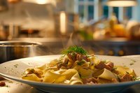 Fresh pasta with mushrooms and herbs served on white plate in modern restaurant kitchen with warm lighting and professional culinary presentation.