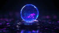 Glowing crystal ball with magical blue and purple illumination on dark background with bokeh effects creates mystical atmosphere for fortune telling concept.
