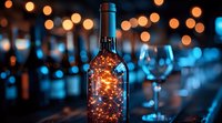 Wine bottle with glowing fairy lights inside against blurred bokeh background, creating magical ambiance for restaurant, bar or celebration setting.