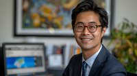 Young Asian businessman wearing glasses and suit smiling at camera in modern office setting with computer monitor and plants in background.