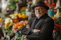 Senior Hispanic man with glasses and hat standing confidently in vibrant flower market with colorful blooms and fresh produce in background.