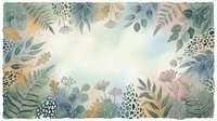 Watercolor botanical frame with ferns, leaves, and wildflowers in muted green, gold, and blush tones on white background, ideal for invitations and stationery design.