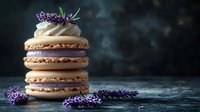 Lavender-topped macaron stack with creamy filling against dark background, showcasing delicate French pastry craftsmanship for gourmet food marketing.