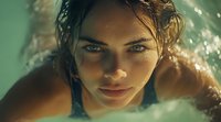 Young woman with wet hair and intense gaze emerging from water with dramatic lighting and teal green background creating mysterious atmospheric portrait.