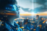 Young Asian woman in glasses gazing at city lights during sunset, profile view with blue technological overlay effect creating futuristic atmosphere.