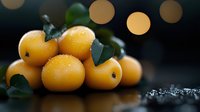 Fresh ripe yellow citrus fruits with green leaves on dark background with bokeh lights and water drops, macro food photography for healthy eating.