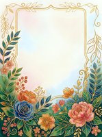Ornate gold frame with watercolor florals featuring peonies, roses, and botanical leaves in coral, pink, blue, and green tones on cream background. Isolated design element ready for invitations, greeting cards, and stationery projects.