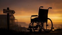 Silhouette of empty wheelchair next to wooden cross at sunset, symbolizing faith, hope, and spiritual healing for healthcare and inspirational content.
